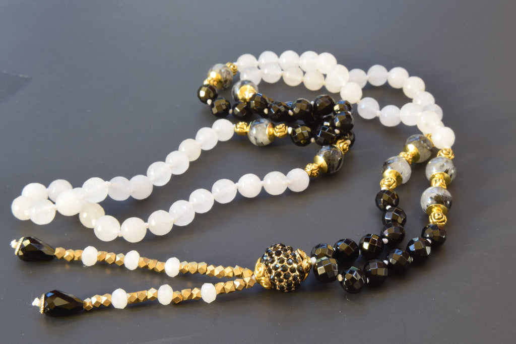 Rutilated Quartz and Onyx Tassel Necklace