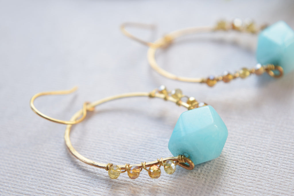 Blue Jade and Amber Crystal Earrings