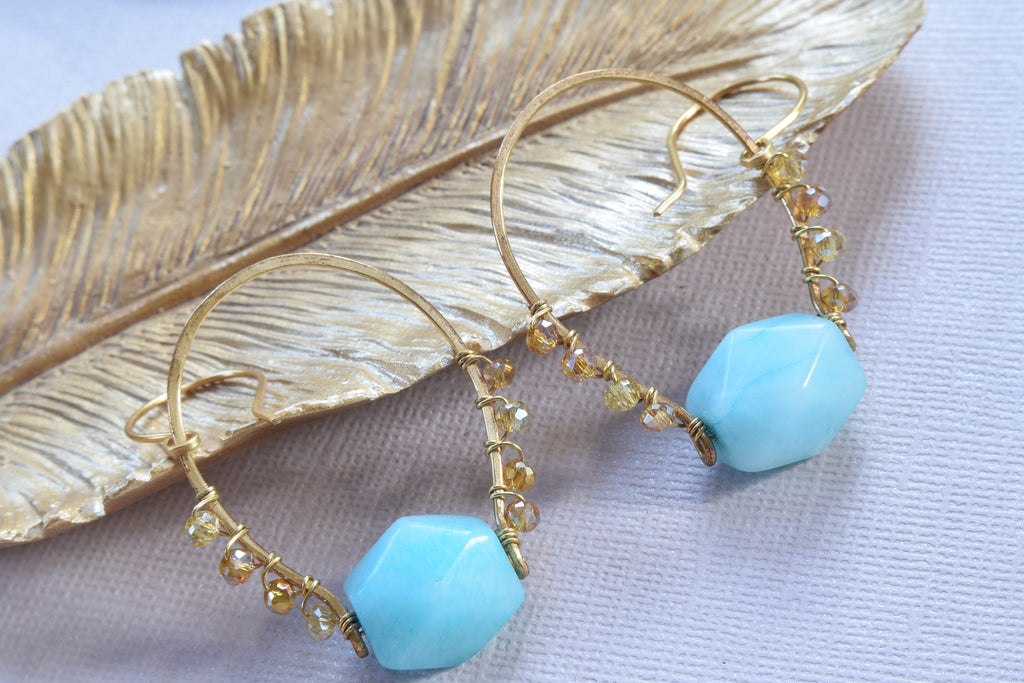 Blue Jade and Amber Crystal Earrings