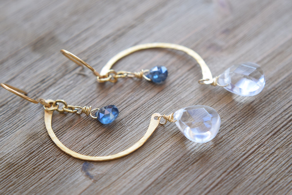 Blue Kyanite and Quartz Crescent Moon Earrings
