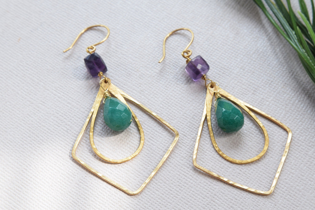 Purple Fluorite and Jade Earrings