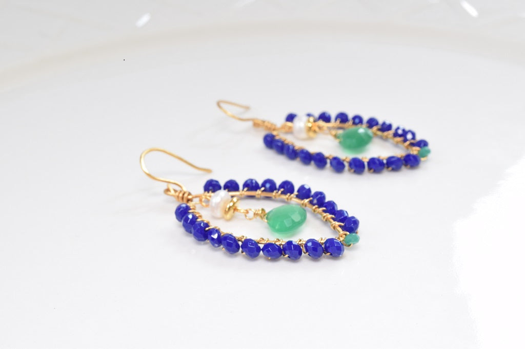 Blue Jade and Emerald Earrings
