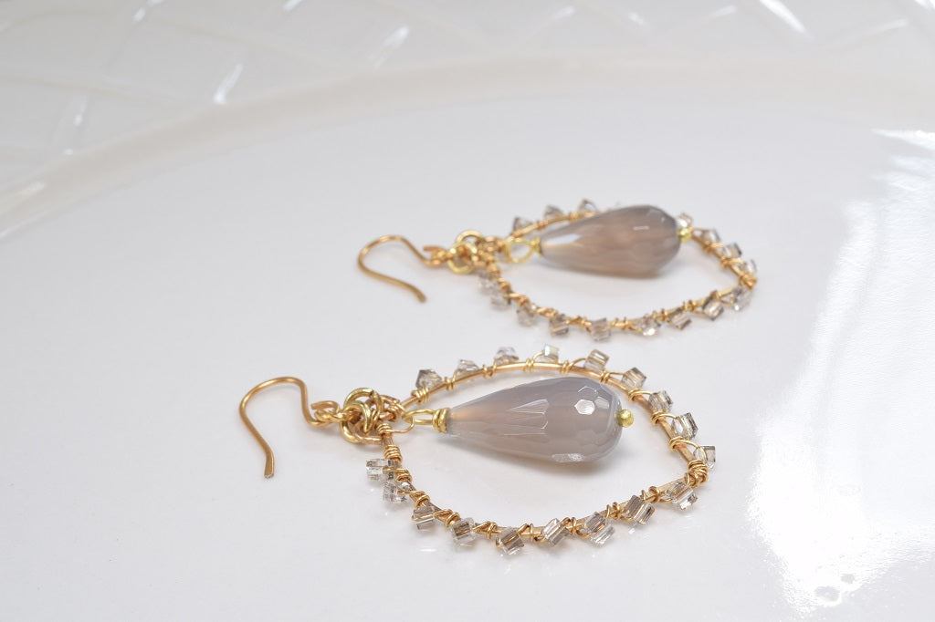 Agate and Crystal Leaf Earrings