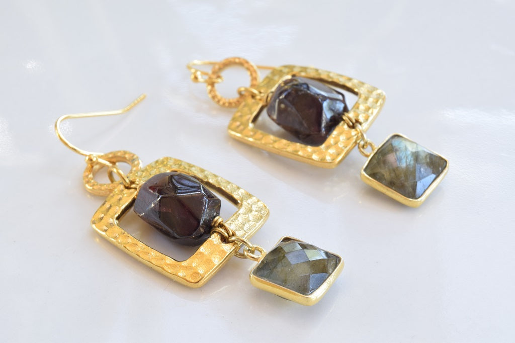 Labradorite and Garnet Deco Style Earrings