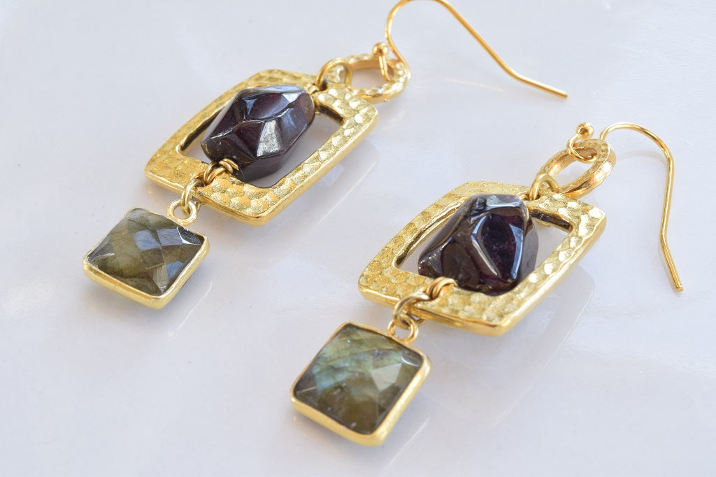 Labradorite and Garnet Deco Style Earrings