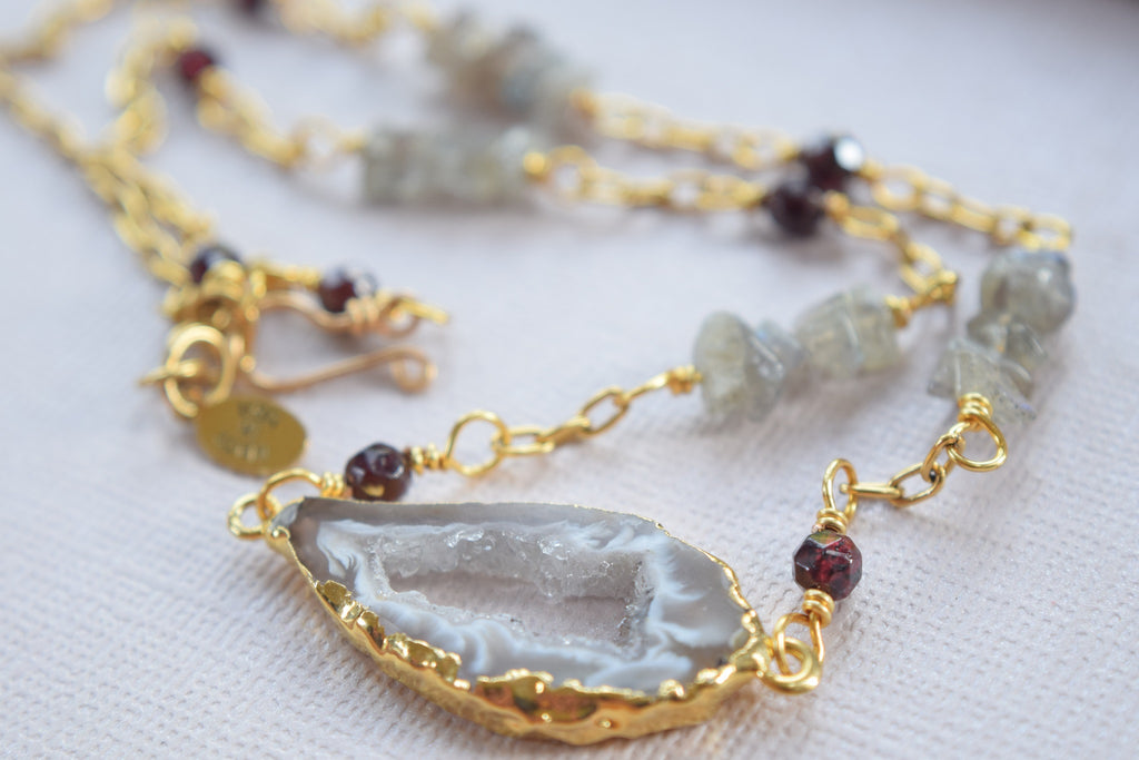 Geode w/ Garnet and Labradorite Necklace