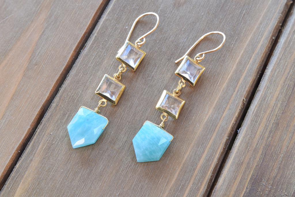 Amazonite and Crystal Square Earrings