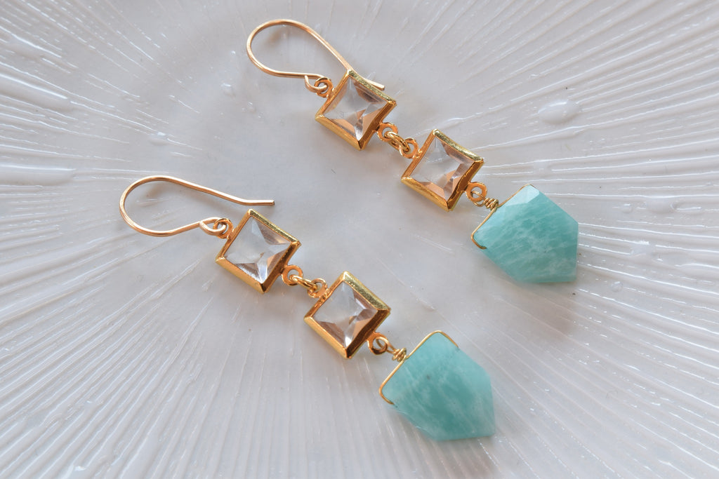 Amazonite and Crystal Square Earrings