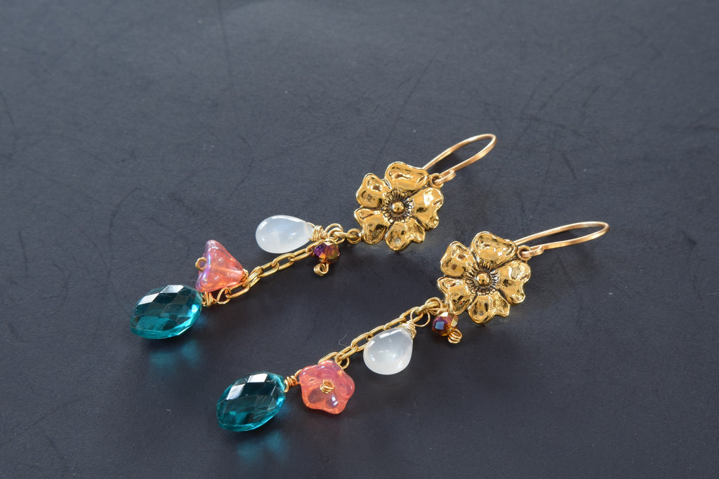 Teal Quartz and Moonstone Flower Earrings (Gold)