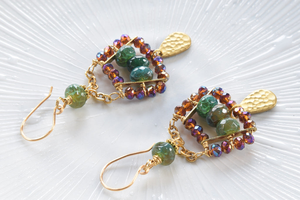 Green Agate and Crystal Earrings