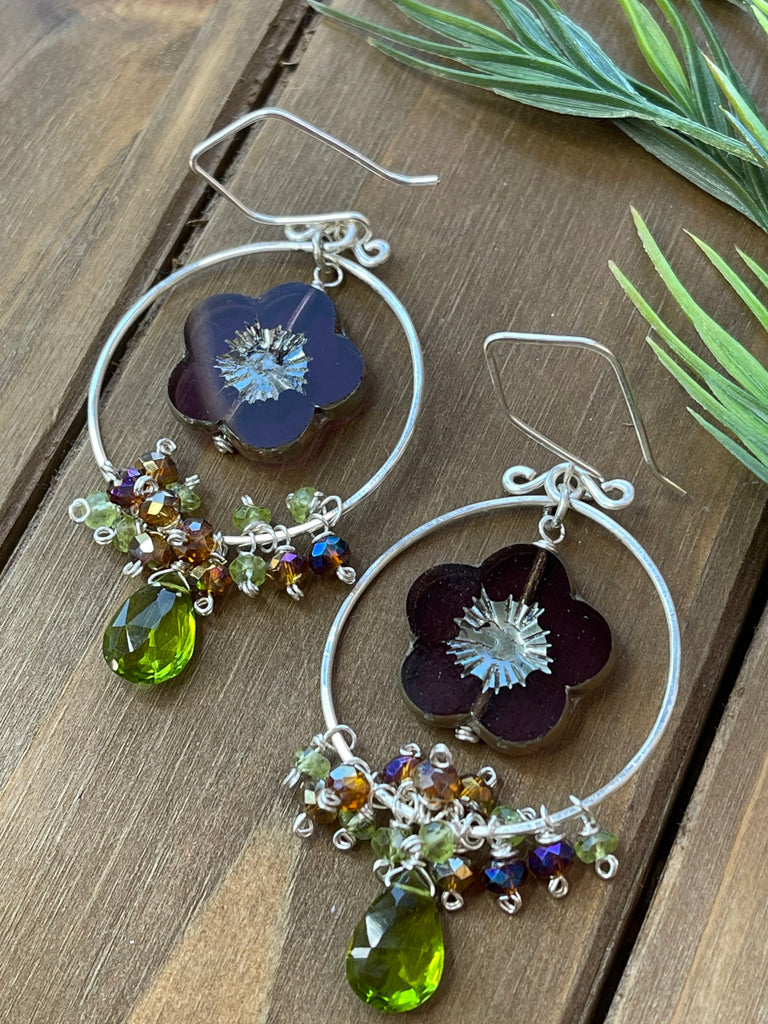 Purple Czech and Peridot Hoop Earrings