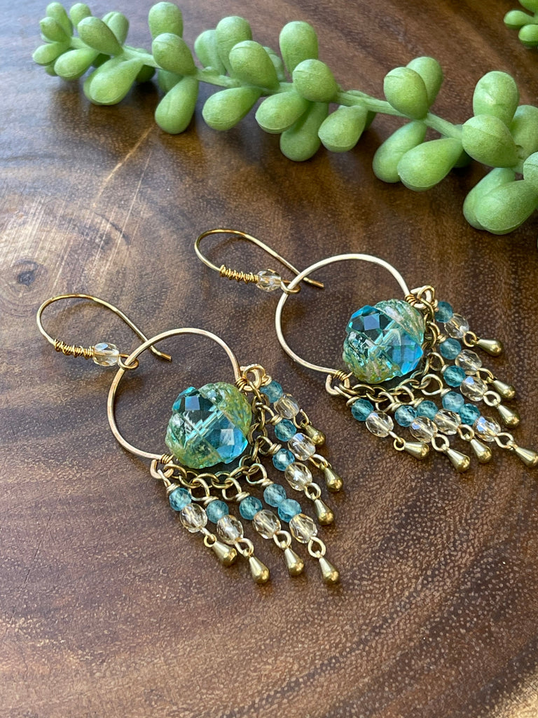 Turquoise Czech Brass Fringe Earrings