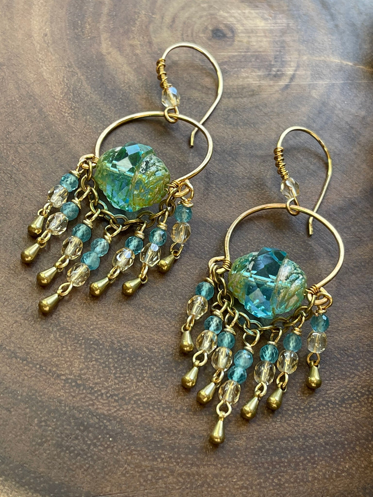 Turquoise Czech Brass Fringe Earrings