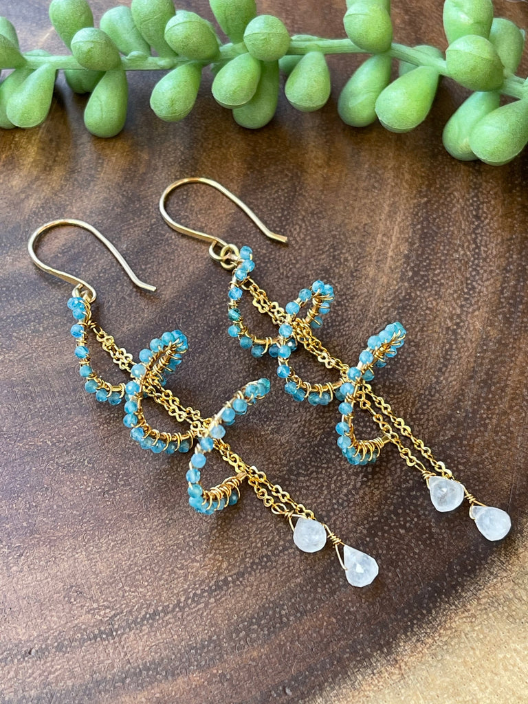 Rainbow Moonstone and Apatite Spiral Earrings