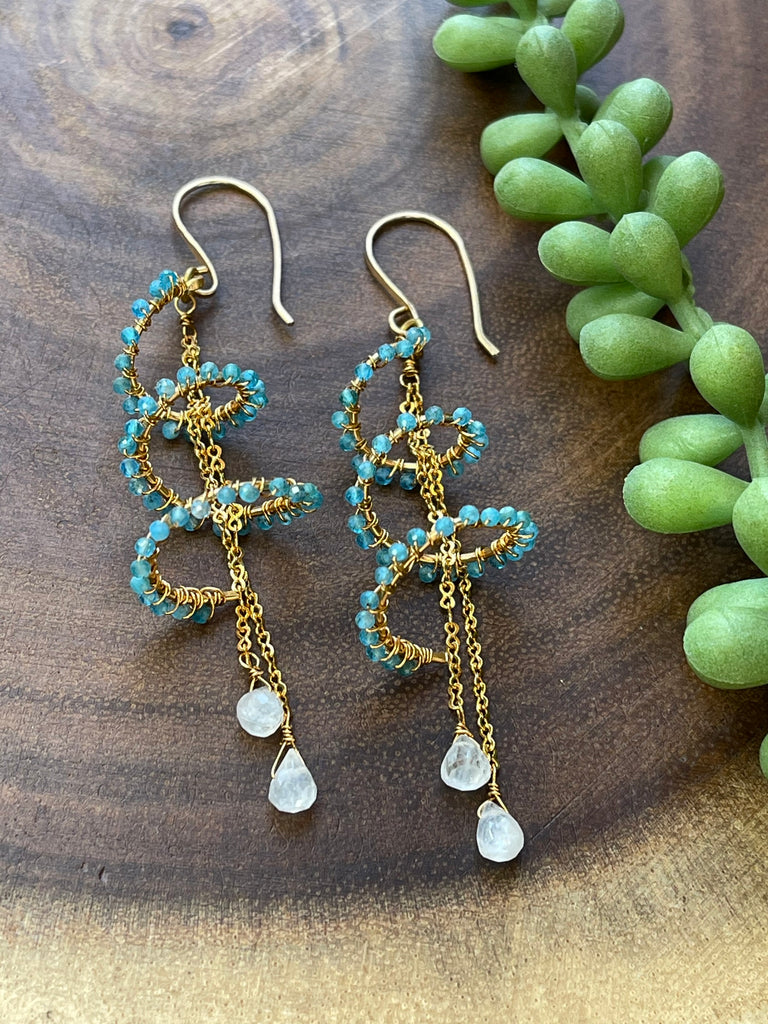 Rainbow Moonstone and Apatite Spiral Earrings