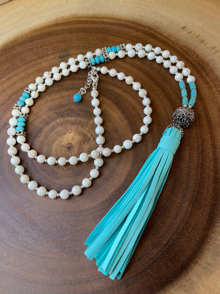 Turquoise Leather Tassel Beaded Necklace