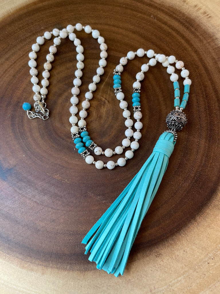 Turquoise Leather Tassel Beaded Necklace