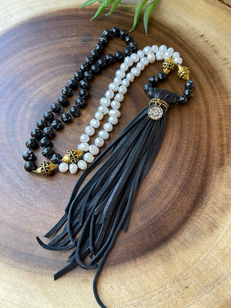 Obsidian and Pearl Tassel Necklace