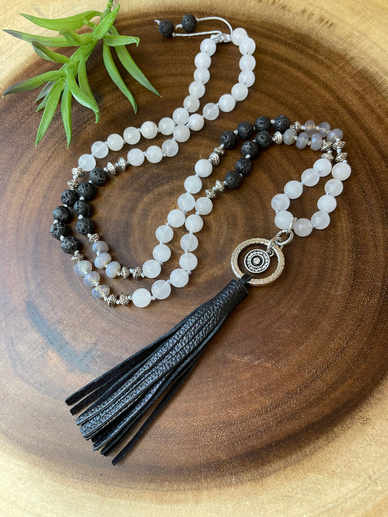 White Jade / Lava Beads Tassel Necklace