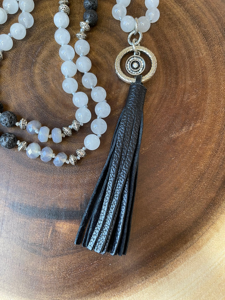White Jade / Lava Beads Tassel Necklace