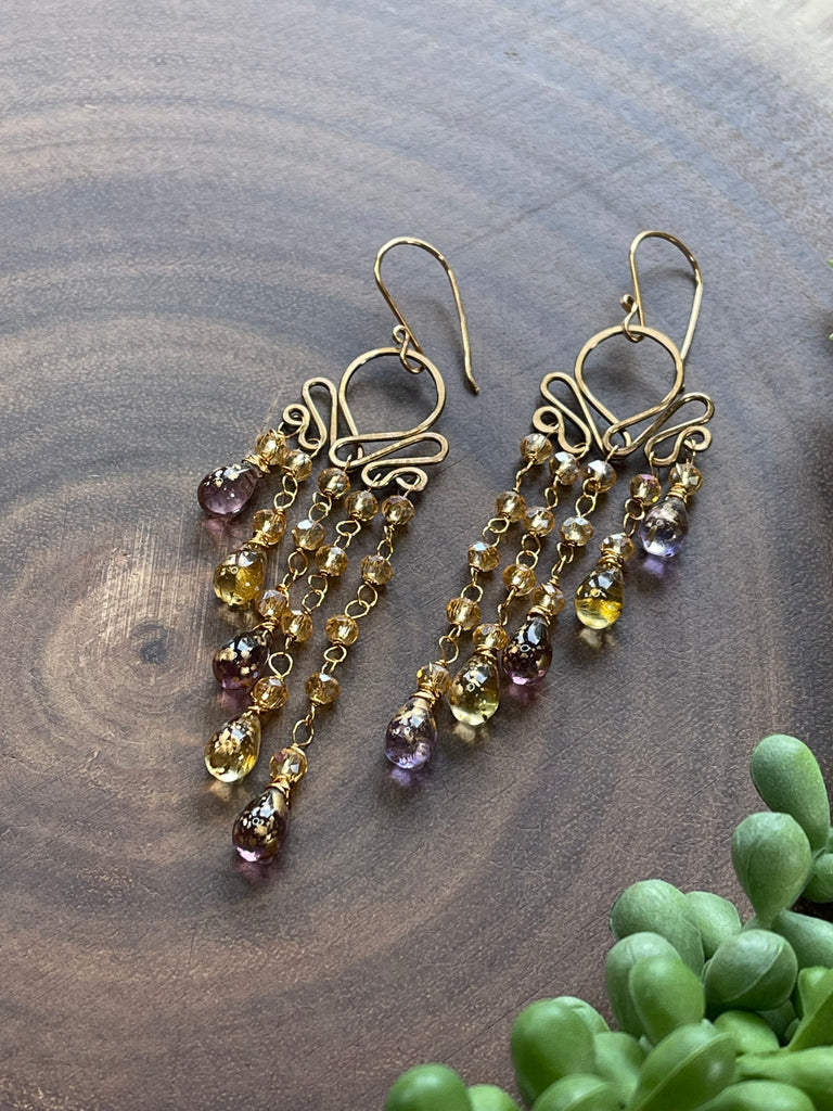 Czech Winged Style Earrings - Aura Yellow/Light Purple