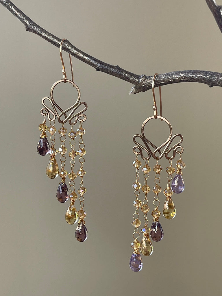 Czech Winged Style Earrings - Aura Yellow/Light Purple