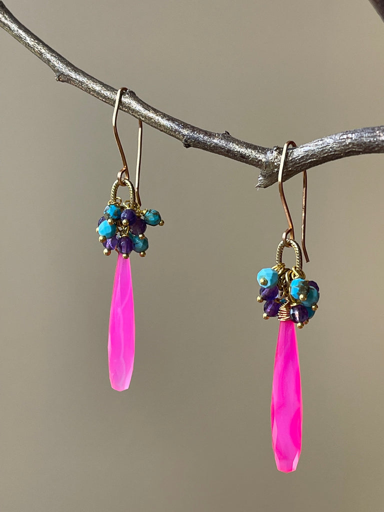 Hot Pink Chalcedony Dangle Earrings