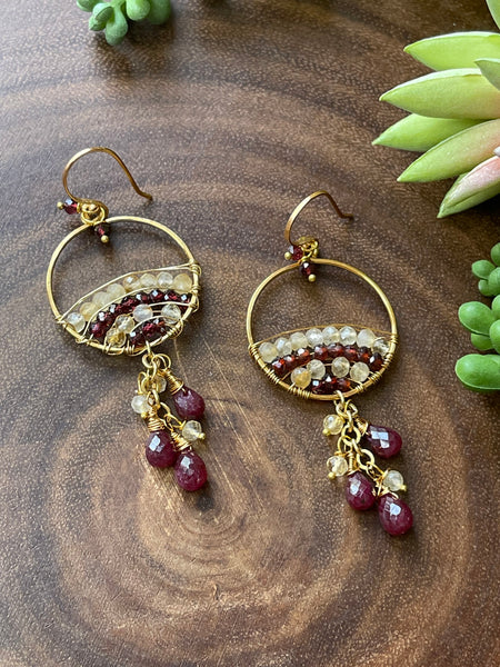 Golden Rutile and Garnet Earrings