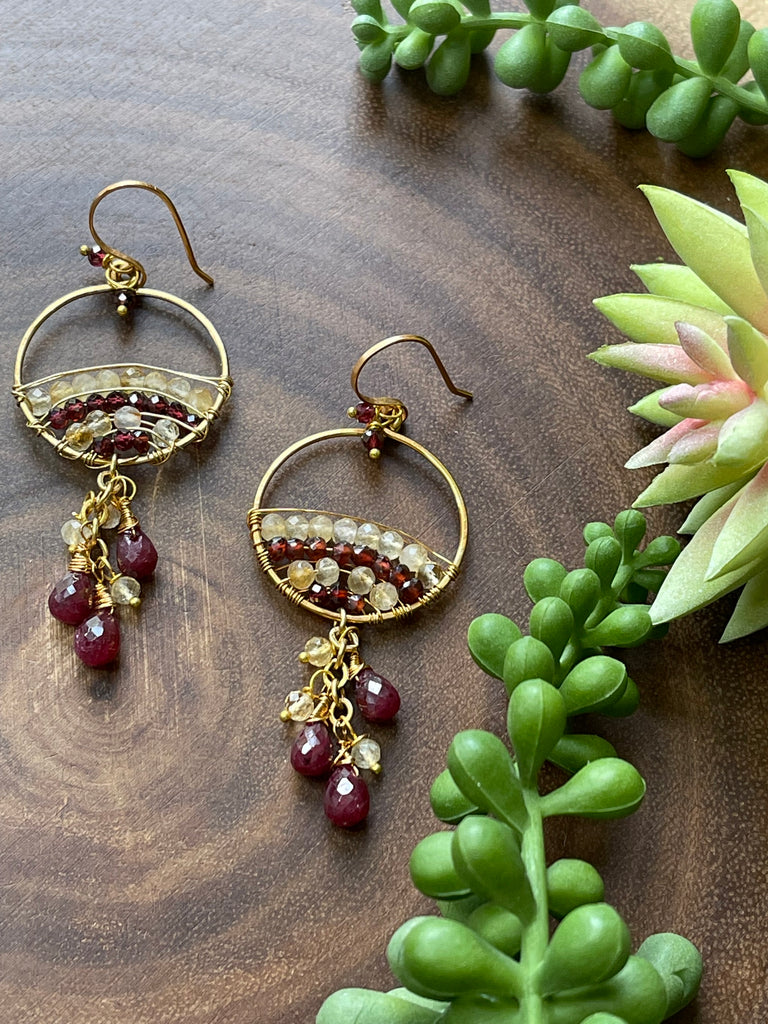 Golden Rutile and Garnet Earrings