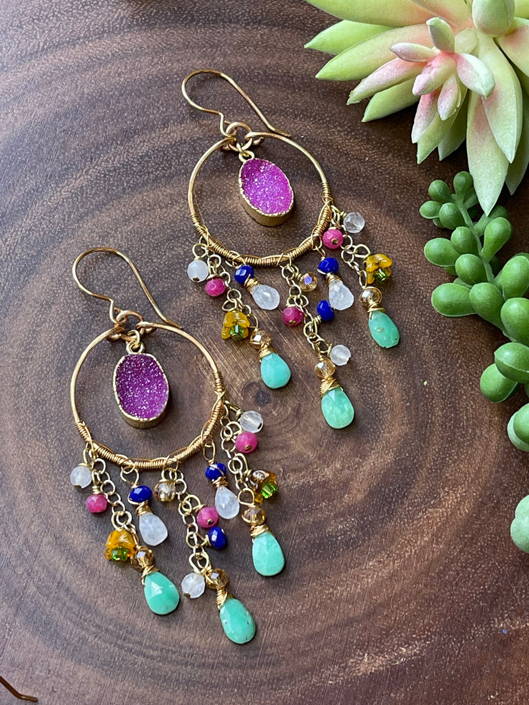 Hot Pink Druzy and Chrysoprase Earrings