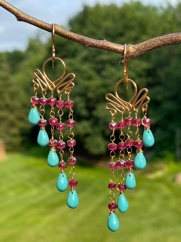 Czech Winged Style Earrings - Turquoise/Plum - Gold