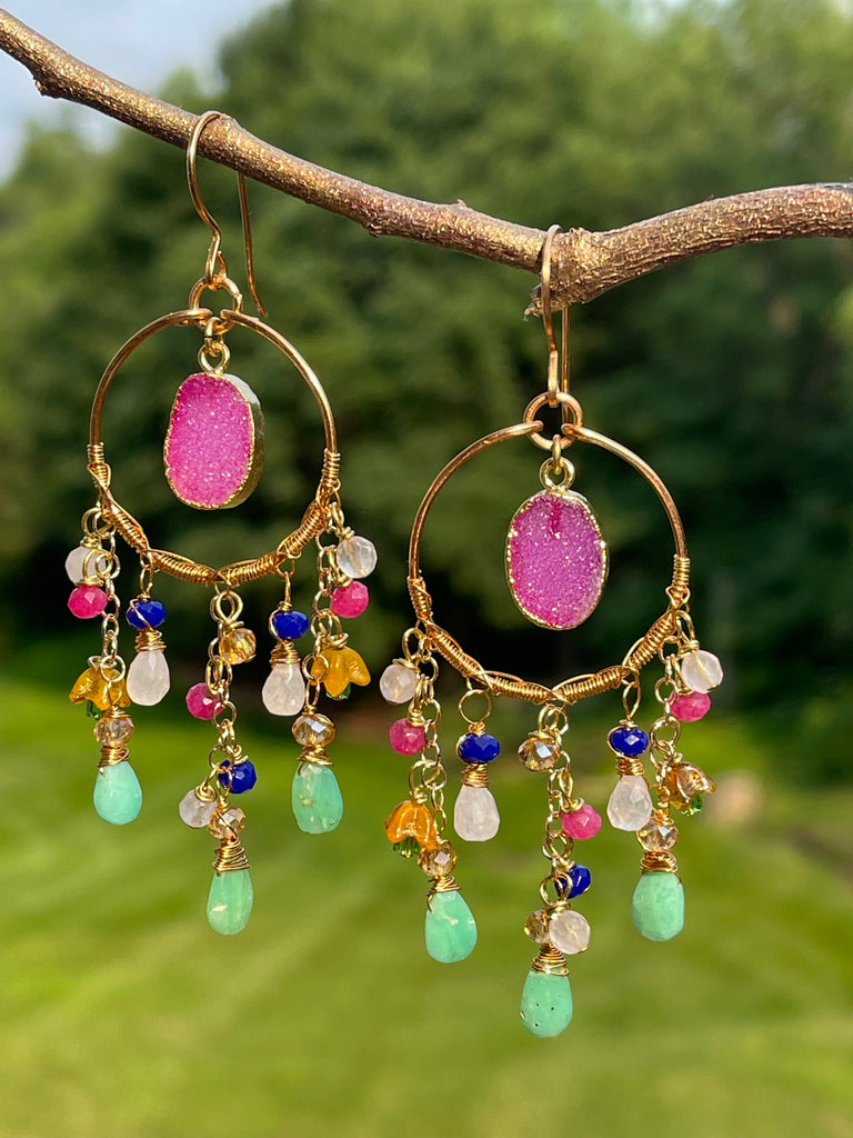 Hot Pink Druzy and Chrysoprase Earrings