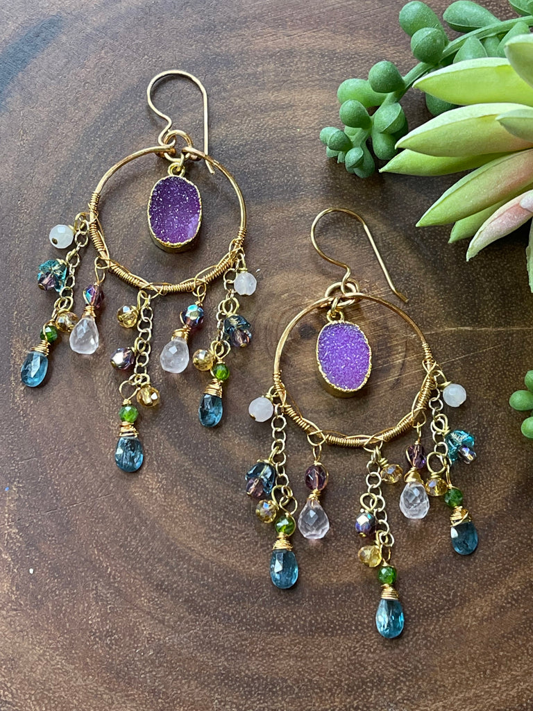 Purple Druzy and Kyanite Chandelier Earrings