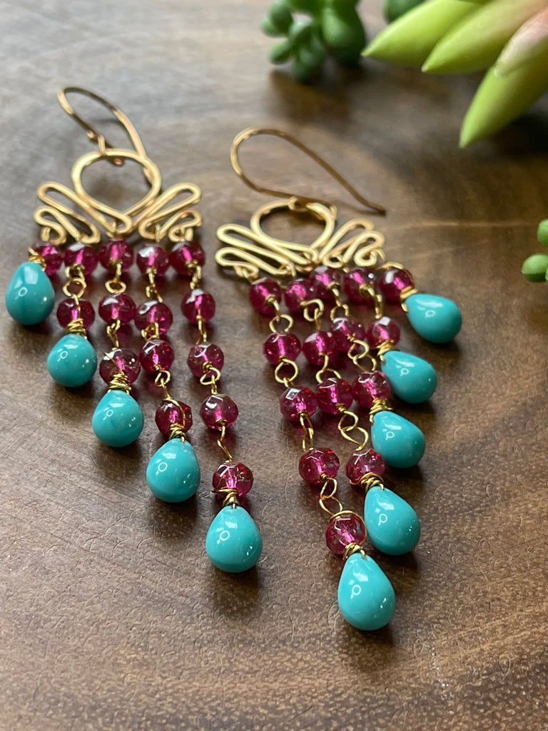 Czech Winged Style Earrings - Turquoise/Plum - Gold