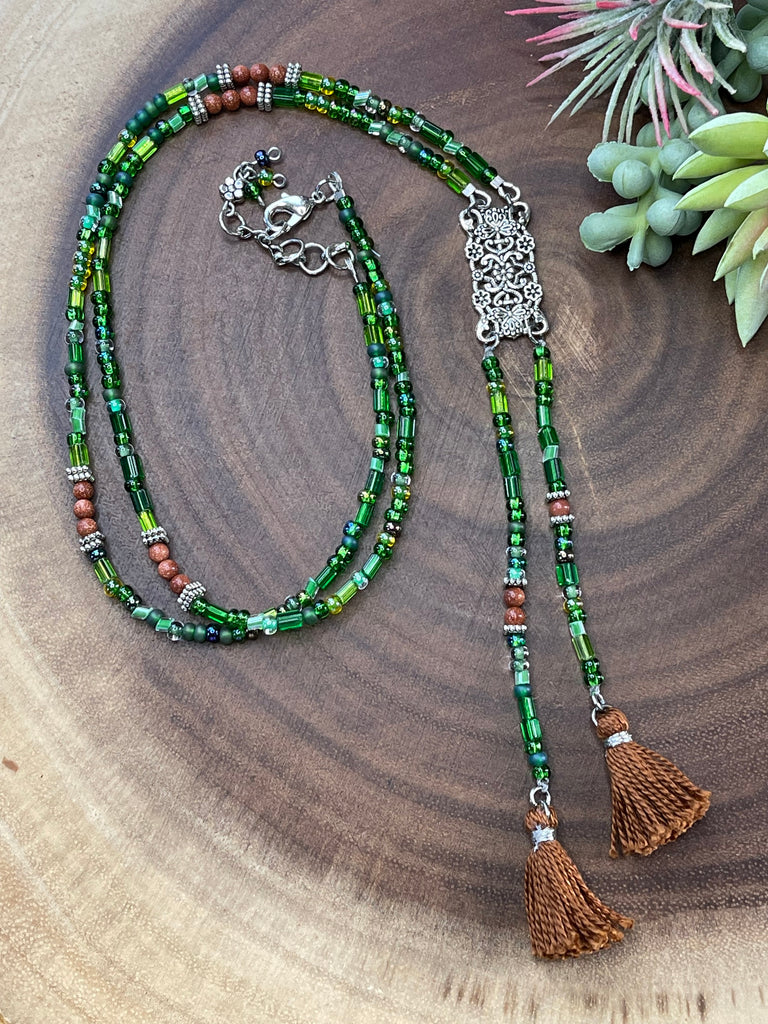 Czech Green Double Tassel Necklace