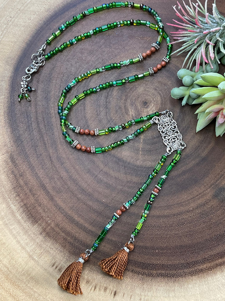 Czech Green Double Tassel Necklace