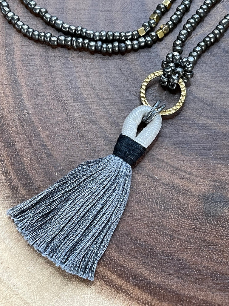 Gray Beaded Boho Tassel Necklace