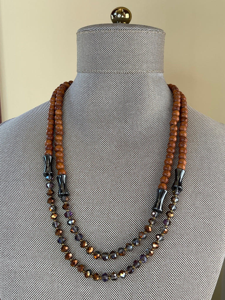 Crystal / Wood Double Strand Necklace