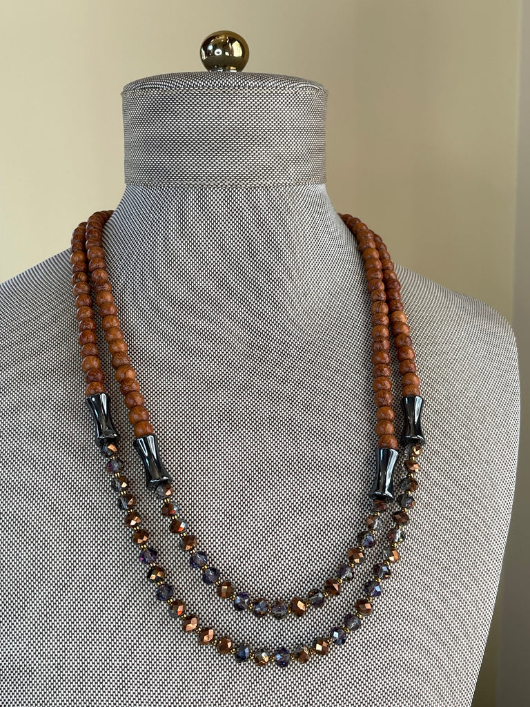Crystal / Wood Double Strand Necklace