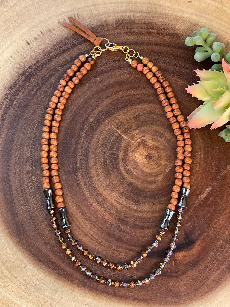 Crystal and Wood Double Strand Necklace