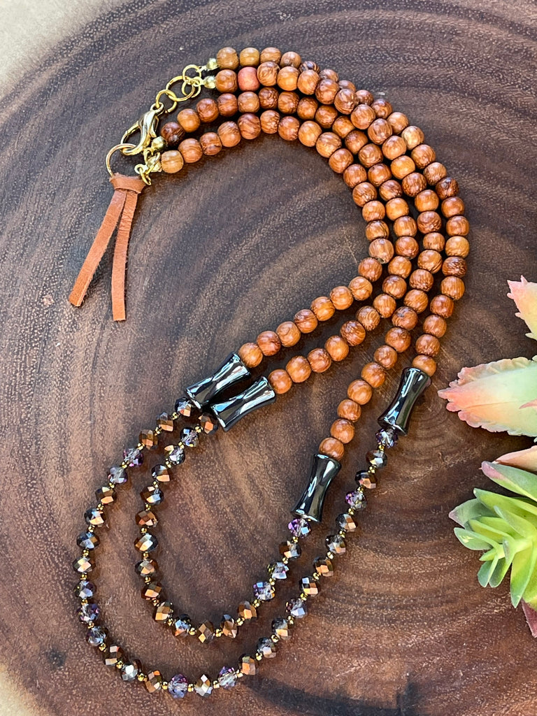 Crystal and Wood Double Strand Necklace