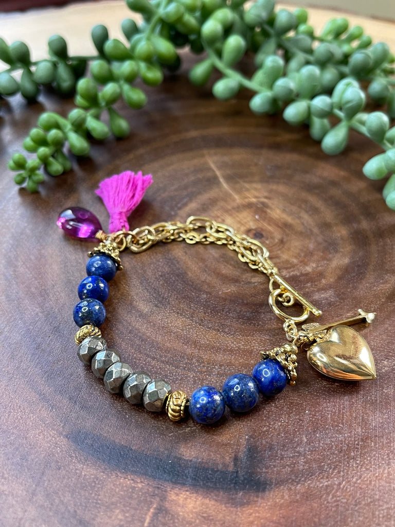 Heart and Arrow Beaded Lapis Lazuli Charm Bracelet