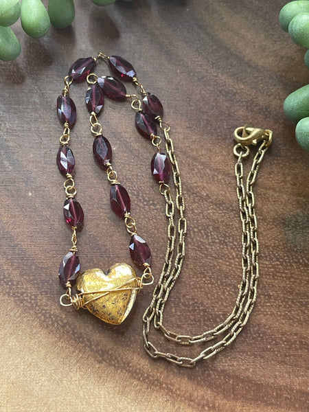 Gold Heart Garnet Necklace