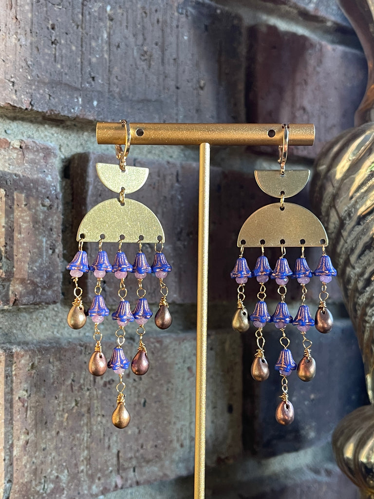 Purple Flower/ Rose Gold Czech Earrings