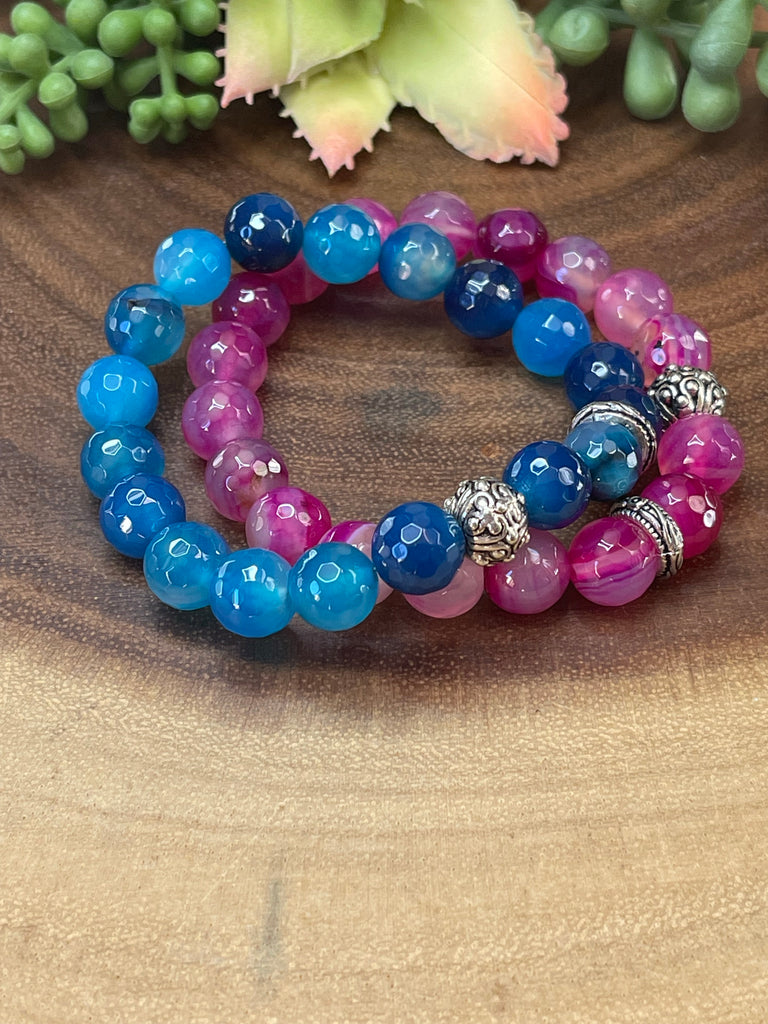 Magenta Pink and Blue Agate Bracelet Set