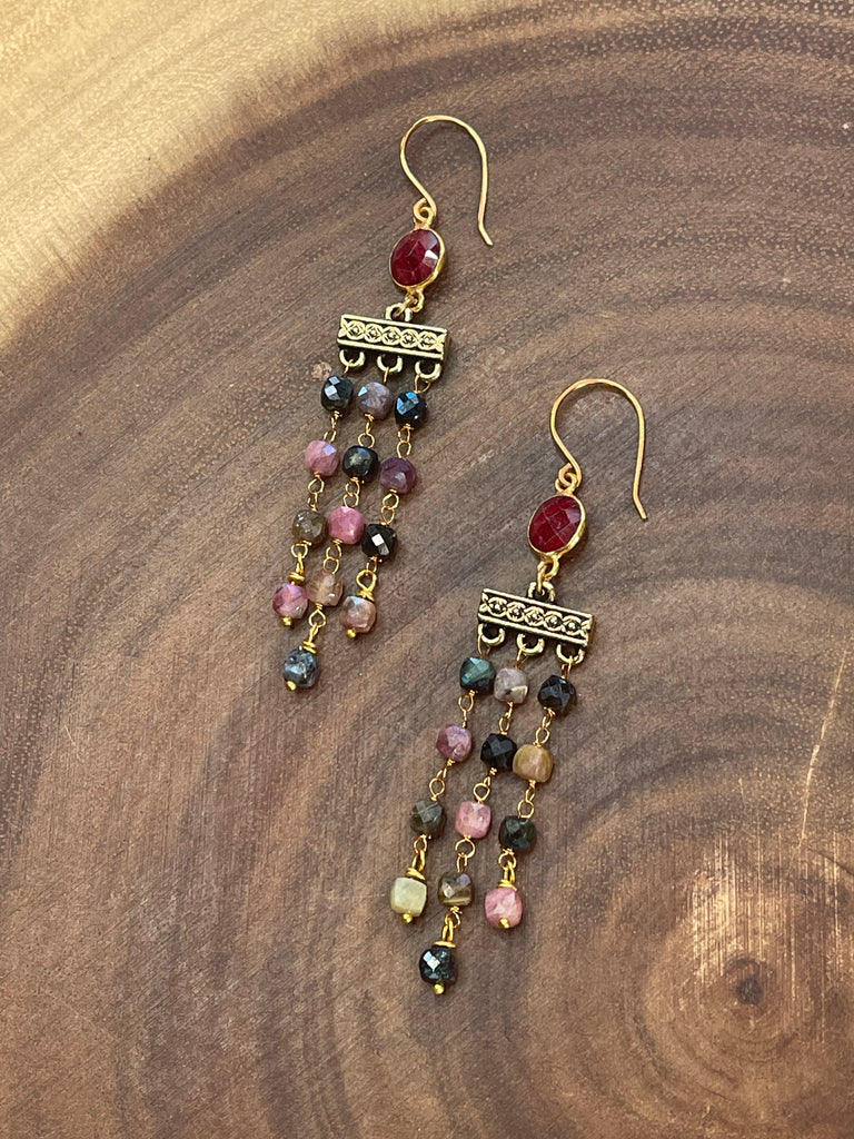 Mystic Tourmaline and Ruby Beaded Earrings