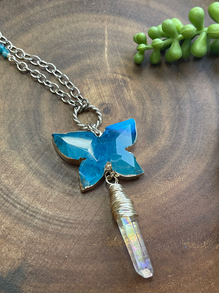 Blue Agate/ Aura Quartz Butterfly Necklace