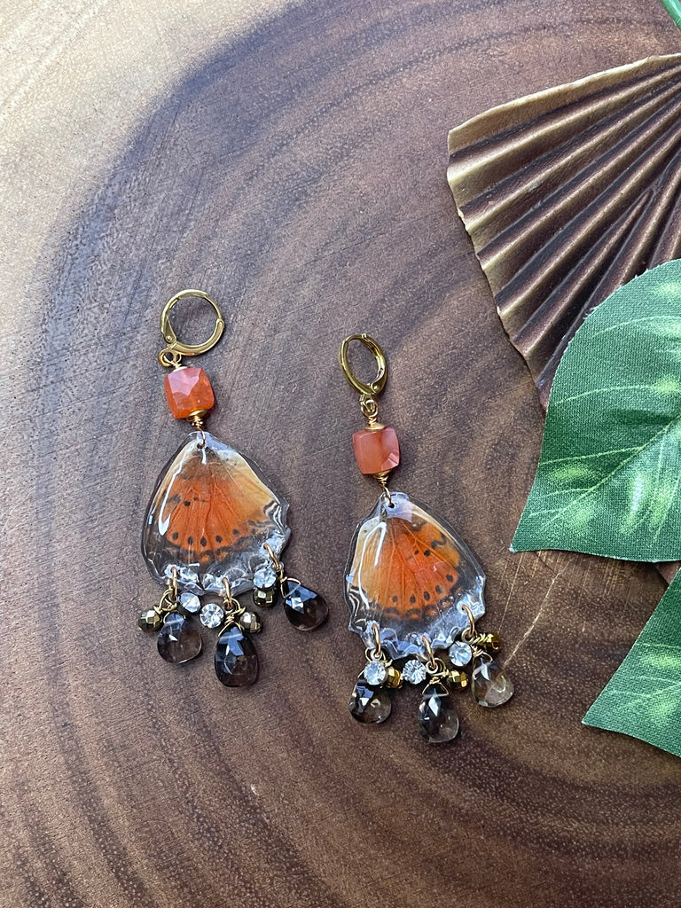 Resin Orange Butterfly / Gemstone Earrings