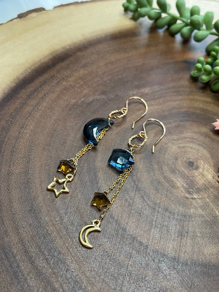 Star and Moon Blue Quartz Earrings