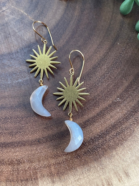 Gray Moonstone Crescent Starburst Earrings